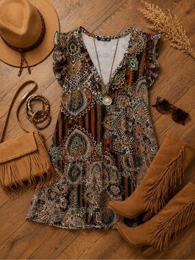 Lily Boho Sleeveless Paisley V-Neck Plus Size 3X Tunic in Orange, Black & Cream